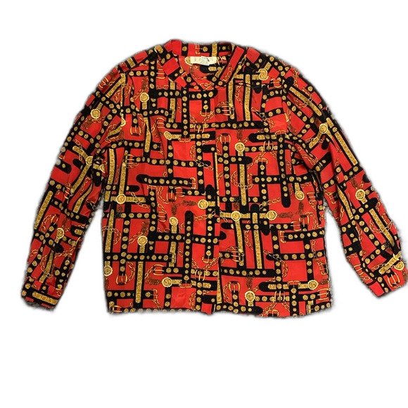Vintage Jordan Red Gold Black Chain and Belt Print Long Sleeve Blouse Size 14 - Picture 2 of 13